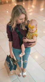 Kobieta w bordowym swetrze i podartych jeansach niesie dziewczynkę w żółtej bluzeczce i opasce. Dziecko siedzi stabilnie w bordowym nosidełku na biodro DereDere z szeroką, czarną szelką; tło galerii handlowej.