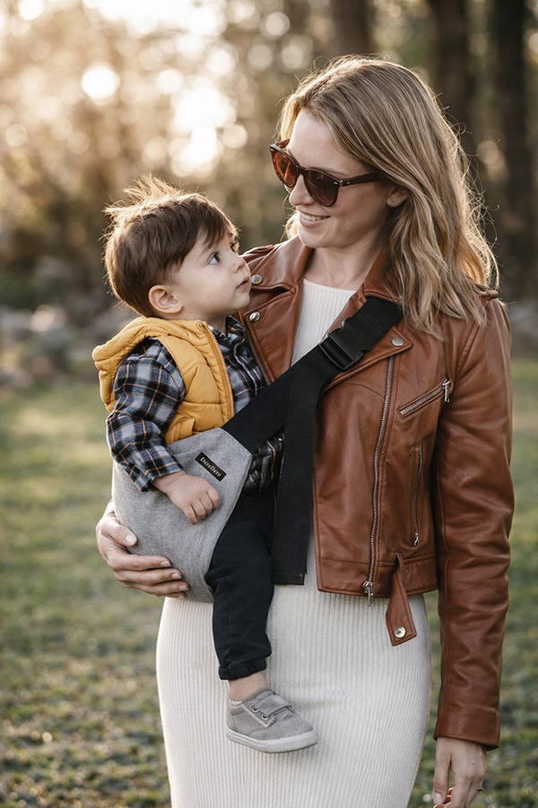 Kobieta w brązowej skórzanej kurtce i okularach słonecznych niesie chłopca w żółtej kamizelce. Dziecko siedzi stabilnie w szarym nosidełku na biodro DereDere z szeroką, czarną szelką i miękkim naramiennikiem; tło to zielony park o zachodzie.
