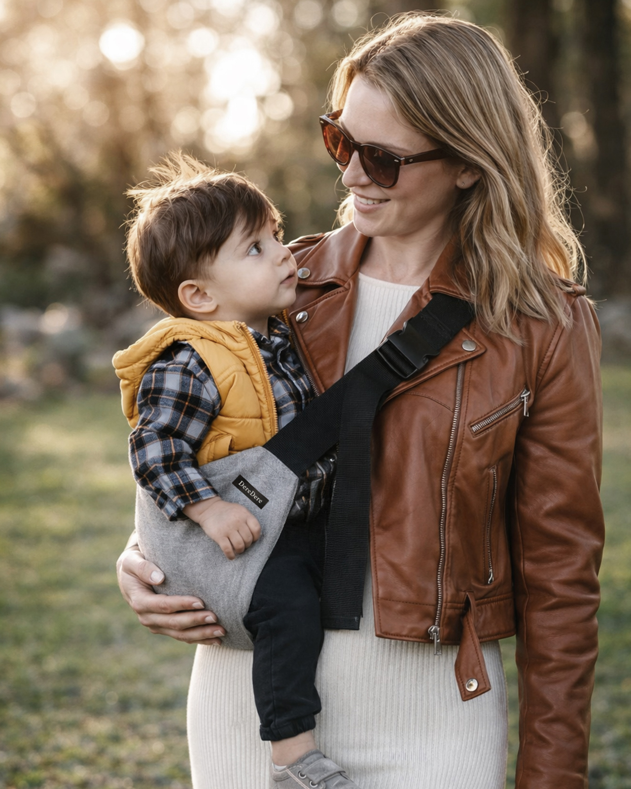 Kobieta w brązowej skórzanej kurtce i okularach słonecznych niesie chłopca w żółtej kamizelce. Dziecko siedzi stabilnie w szarym nosidełku dla dzieci DereDere z szeroką, czarną szelką i miękkim naramiennikiem; tło to zielony park w popołudniowym słońcu.