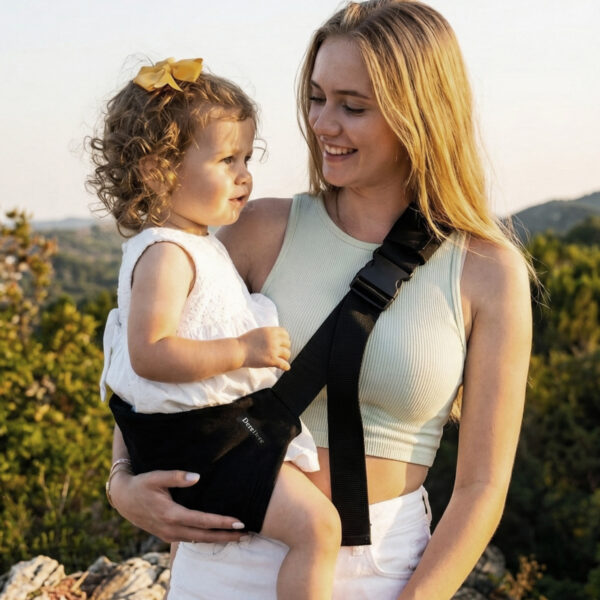 Mama na wakacyjnym szlaku trzyma dziewczynkę w czarnym nosidełku biodrowym DereDere; szeroka czarna szelka z klamrą, złota godzina, w tle zieleń wzgórz.