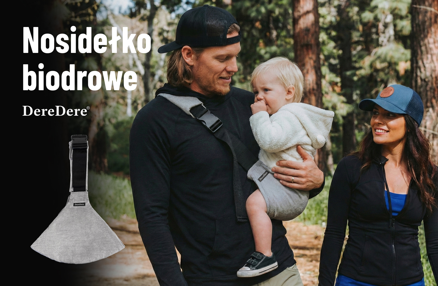 Nosidełko biodrowe DereDere, tata niesie dziecko w szarym nosidle podczas spaceru w lesie, obok uśmiechnięta mama; produkt pokazany także w zbliżeniu.