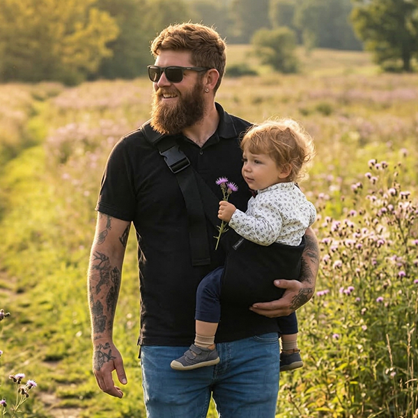 Tata niesie małe dziecko w czarnym nosidełku DereDere podczas spaceru po łące.