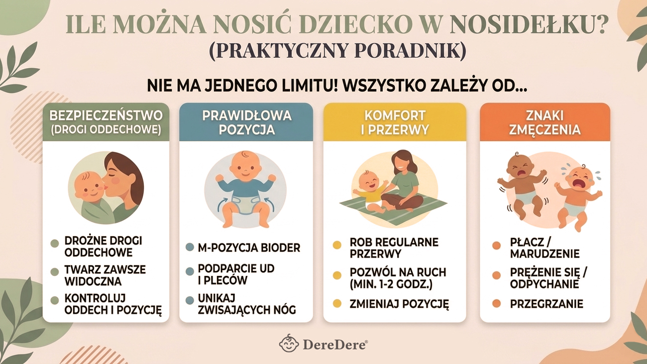 Infografika DereDere wyjaśniająca, ile można nosić dziecko w nosidełku, z zasadami bezpieczeństwa, prawidłowej pozycji, przerw i oznak zmęczenia.