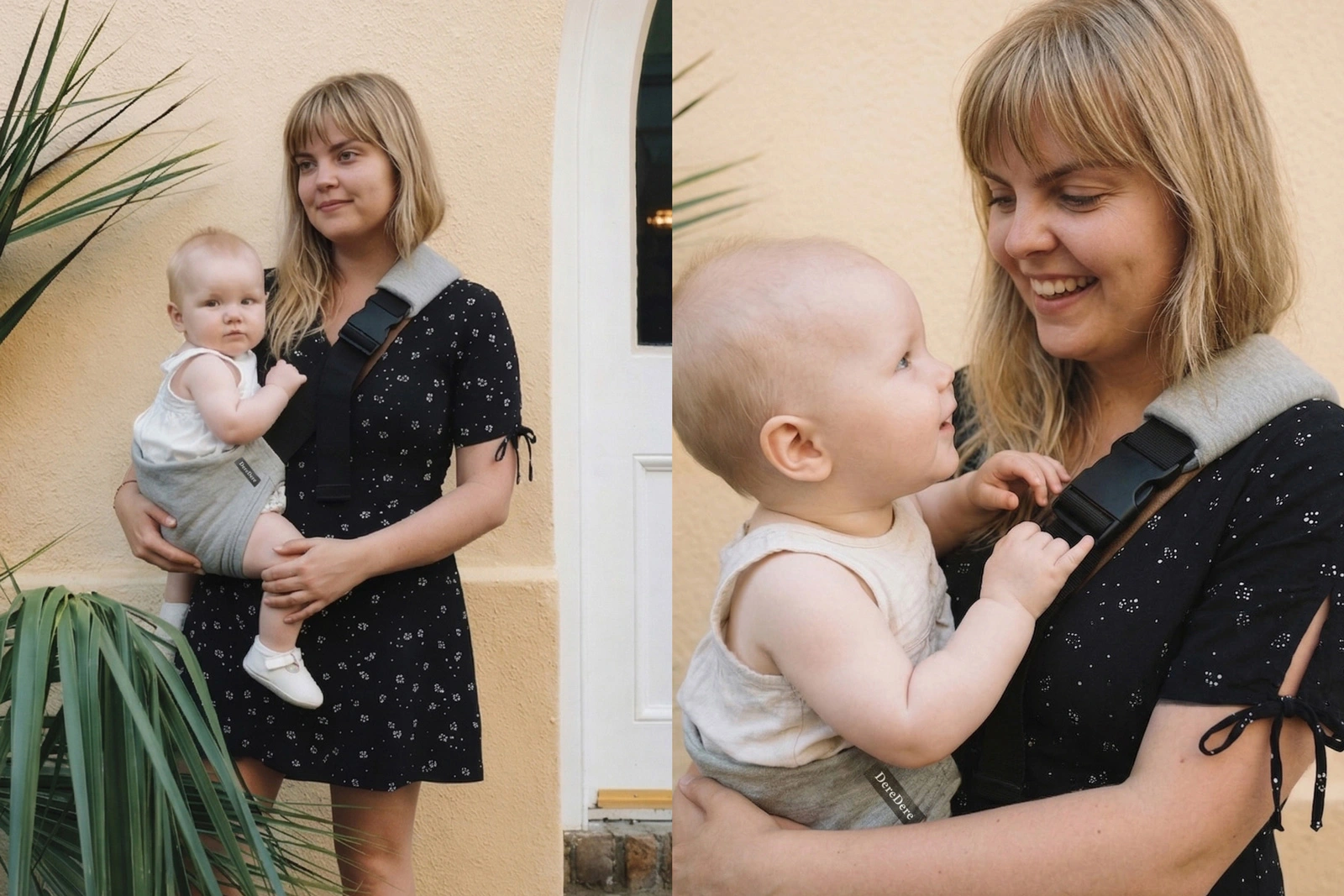 Mama z dzieckiem w jasnoszarym nosidełku dla dziecka DereDere, zdjęcie lifestyle i zbliżenie produktu.