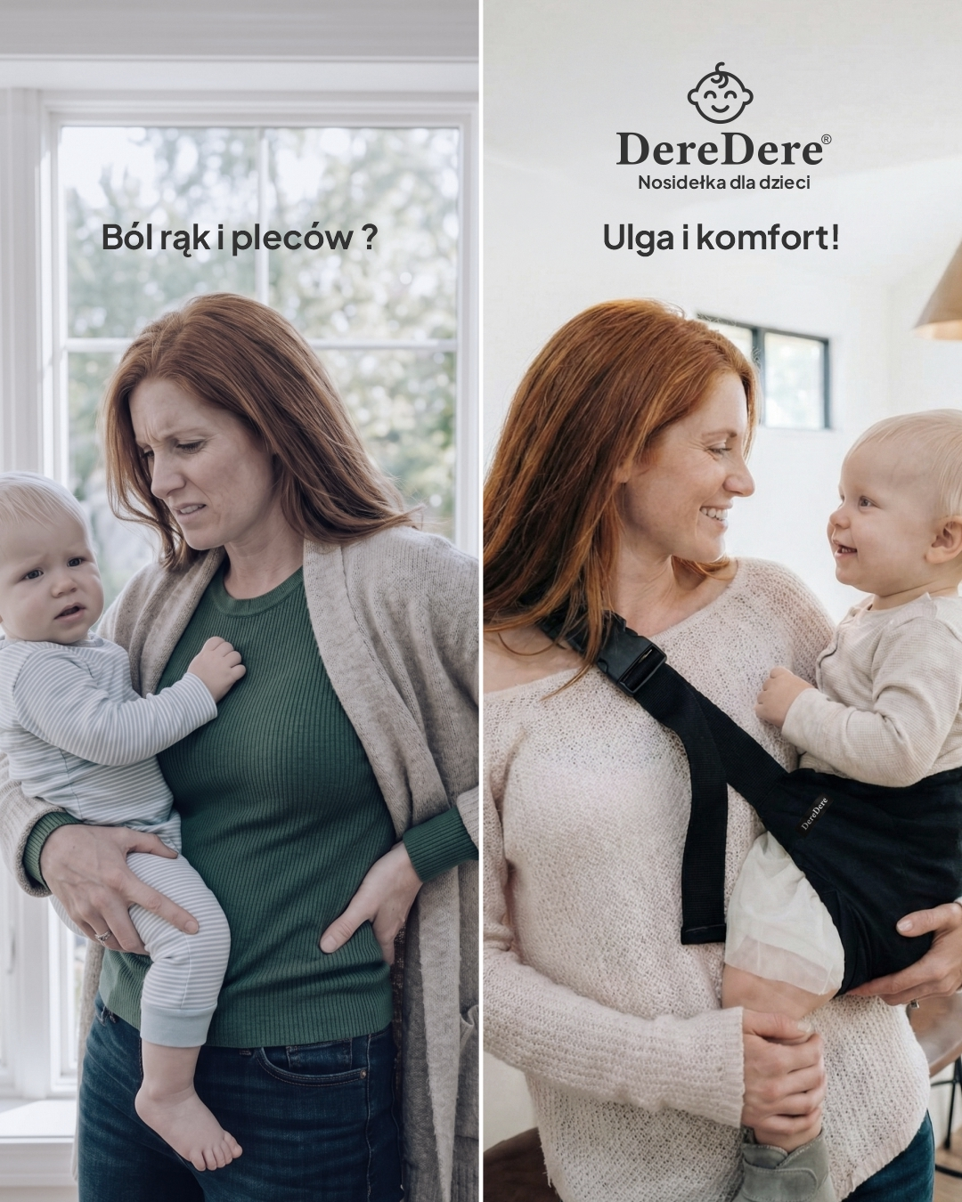 Grafika porównawcza bólu rąk i pleców oraz ulgi i komfortu z nosidełkiem dla dziecka DereDere.